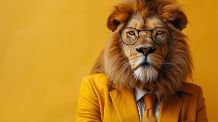 Modern Lion in fashionable trendy outfit with hipster glasses and yellow business suit. Creative animal concept banner. Pastel yellow background banner with copyspace