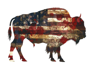 a buffalo with a flag
