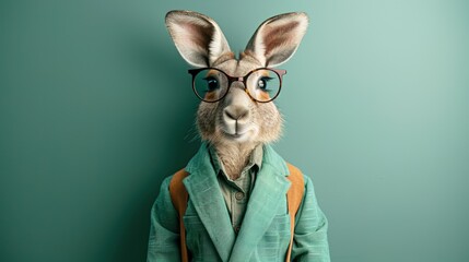 Modern kangaroo in fashionable trendy outfit with hipster glasses and green business suit. Creative animal concept banner. Pastel green background banner with copyspace