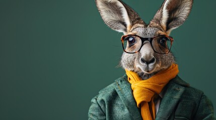 Modern kangaroo in fashionable trendy outfit with hipster glasses and green business suit. Creative animal concept banner. Pastel green background banner with copyspace