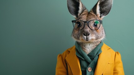 Modern kangaroo in fashionable trendy outfit with hipster glasses and green business suit. Creative animal concept banner. Pastel green background banner with copyspace