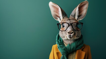 Modern kangaroo in fashionable trendy outfit with hipster glasses and green business suit. Creative animal concept banner. Pastel green background banner with copyspace