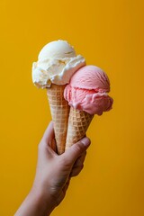 a hand holding a waffle cone with two perfectly rounded scoops of ice cream, one pink and the other white, against a vibrant yellow background.