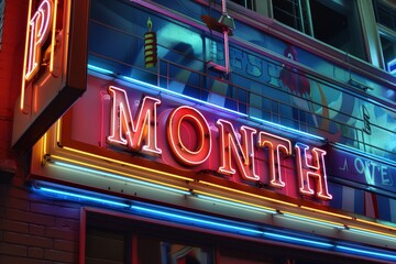 Fototapeta premium Multicolored Neon Pride Month Sign on Historic Building Facade Celebrating LGBTQ+ Community with Festive Urban Lights at Night