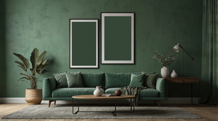 3d rendering empty poster with sage green  room design