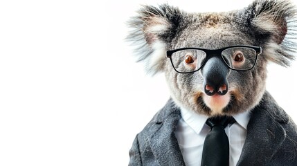 Modern koala in fashionable trendy outfit with hipster glasses and black business suit. Creative animal concept banner. Pastel white background banner with copyspace 