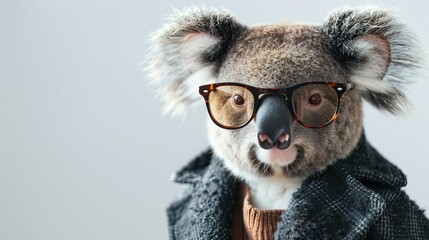 Modern koala in fashionable trendy outfit with hipster glasses and black business suit. Creative animal concept banner. Pastel white background banner with copyspace 