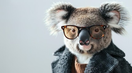 Fototapeta premium Modern koala in fashionable trendy outfit with hipster glasses and black business suit. Creative animal concept banner. Pastel white background banner with copyspace 