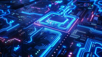 Fototapeta premium Futuristic blue circuit lines, detailed, realistic, abstract tech, vibrant neon lighting 8K , high-resolution, ultra HD,up32K HD
