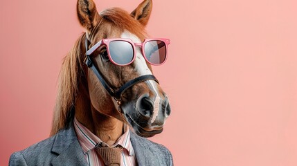 Modern horse in fashionable trendy outfit with hipster glasses and business suit. Creative animal concept banner. Pastel background banner with copyspace