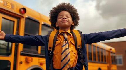 Young boy with backpack in front of school bus