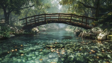 A crystal-clear river with a wooden bridge spanning across it.