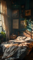 Cozy Boho Industrial Bedroom with Bed,Key,and Bell Pepper Accents