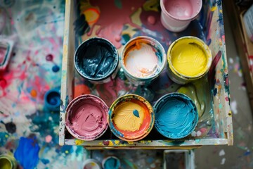 a close-up view of an array of open paint pots in various vivid colors, positioned on top of an open box amidst a collection of art supplies.