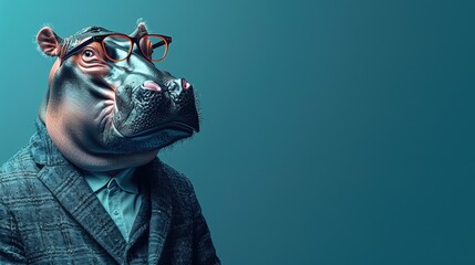 Modern hippo in fashionable trendy outfit with hipster glasses and business suit. Creative animal concept banner. color background banner with copyspace