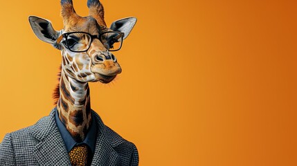 Modern giraffe in fashionable trendy outfit with hipster glasses and business suit. Creative animal concept banner. color background banner with copyspace