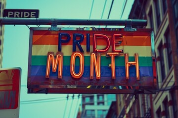 Neon Pride Month Sign on Historic Building with Bright Colors Celebrating LGBTQ+ Diversity at Night
