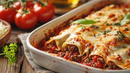 Pasta cannelloni with beef and tomato sauce
