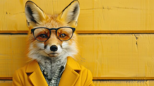Modern fox in fashionable trendy outfit with hipster glasses and yellow business suit. Creative animal concept banner. Pastel yellow background banner with copyspace