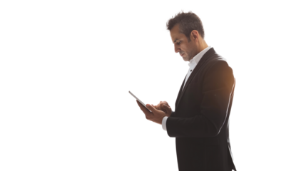 portrait of a businessman using a digital tablet isolated on transparent background 