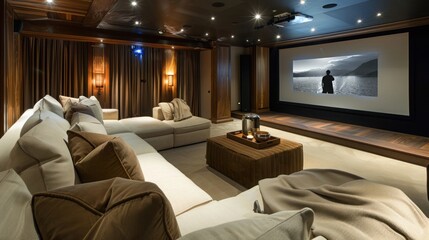 A sleek, modern home theater with comfortable seating and a large screen.