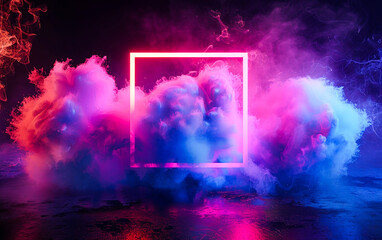 Abstract background with colorful light,3d render, glowing blue square frame in the clouds