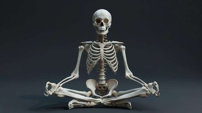 Eye-level angle of a human skeleton, elegantly sitting in a cross-legged yoga pose, against a deep black background, CG 3D render, lifelike textures, soft ambient lighting creating a serene atmosphere