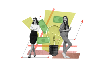 Collage illustration poster of two business colleagues partners idea thoughts realize best plan receive money isolated on white background