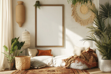 Mockup frame in a boho nomadic interior background with rural decorations