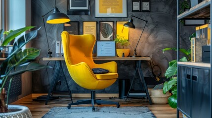A modern home office interior with a black and yellow color scheme. The room features a desk with a yellow chair, a plant, and a bookshelf