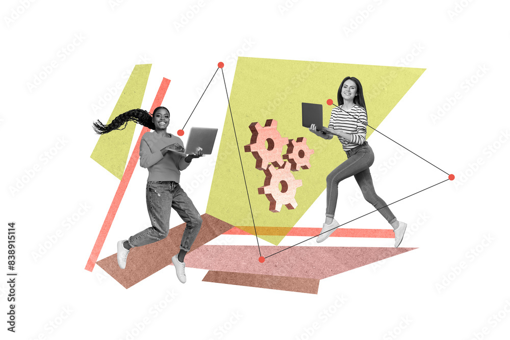 Poster collage image of two black white colors girl use netbook jump run cogwheel gear isolated on creative