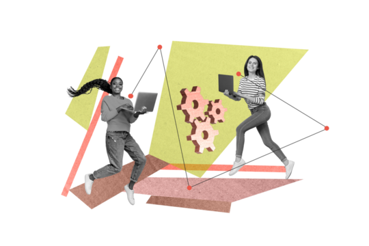 Collage image of two black white colors girl use netbook jump run cogwheel gear isolated on creative background