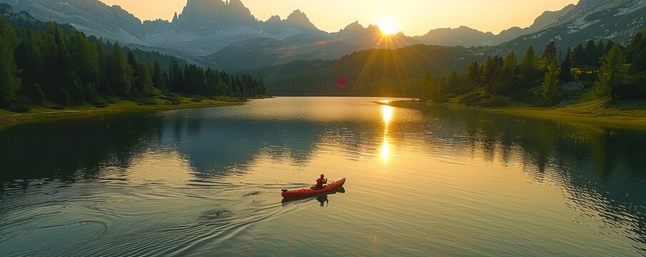 Aerial view of a person with a canoe along Misurina Lake at sunset, Auronzo di Cadore, Dolomites, Veneto, Italy.
