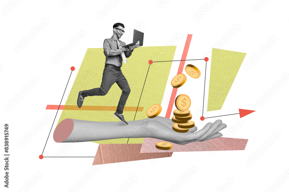 Poster creative collage picture of black white effect arm palm hold money coins excited elegant guy use net