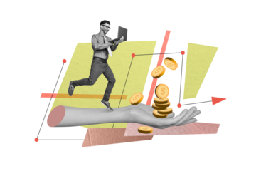 Creative collage picture of black white effect arm palm hold money coins excited elegant guy use netbook jump arrow pointer