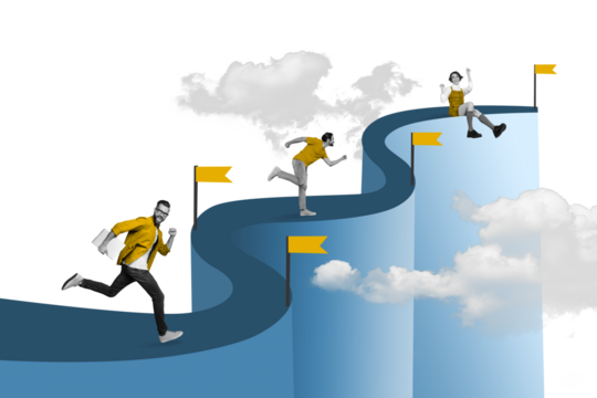 Strategy competition collage of colleagues run dream way inspiration opponent competition flags most efficient isolated on drawn background