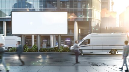 Blank billboard on urban street with walking people and parked vans, ready for advertisement. Business district with modern buildings in background.