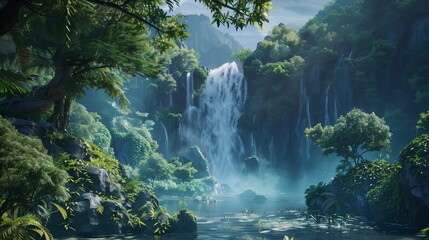 A group of friends exploring a waterfall in a tropical forest.