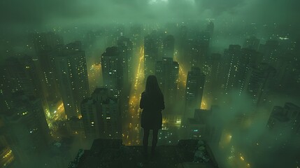 Silhouette of a person standing on a rooftop, gazing out over a misty, illuminated cityscape at night.