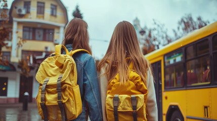 Two Girls with Yellow Backpacks Waiting for School Bus