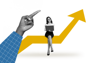 Creative collage picture of mini black white colors elegant girl use netbook big arm point finger growing arrow upwards