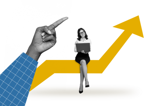 Creative collage picture of mini black white colors elegant girl use netbook big arm point finger growing arrow upwards