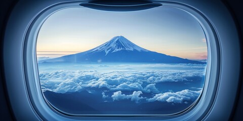 Fototapeta premium Dreams take flight: The special airplane window captures a vivid, close encounter with Mount Fuji