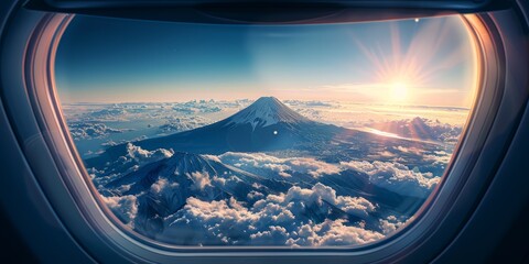 Fototapeta premium A view of the Fuji mountains from an fictional airplane window, Windows arranged together