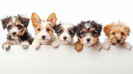 Playful puppies and kittens behind banner in veterinary clinic and pet supplies ad poster