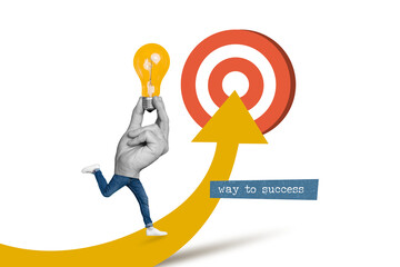 Creative composite 3d photo collage of bodyless man hand instead of body hold lamp run un way to success isolated on drawing background