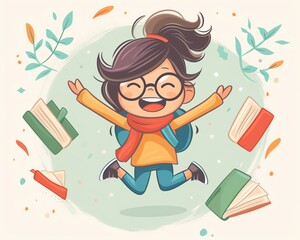 whimsical illustration of an excited notebook and a happy student Cartoonish style