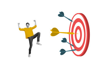 Abstract creative composite photo collage of lucky overjoyed crazy man raising fists win darts game...