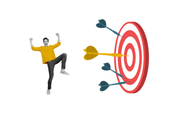 Abstract creative composite photo collage of lucky overjoyed crazy man raising fists win darts game isolated on painted background