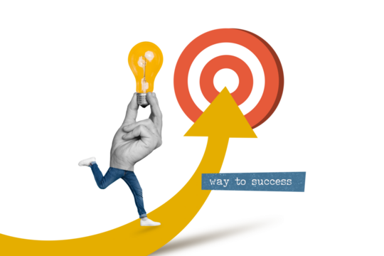 Creative composite 3d photo collage of bodyless man hand instead of body hold lamp run un way to success isolated on drawing background